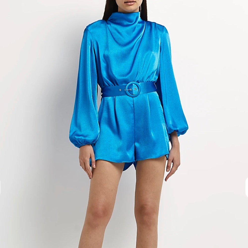 River Island - Blue Belted Mock Neck Romper - NWT & NEVER WORN
